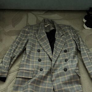 Free People Gray and Tan Plaid Double-Breasted Blazer